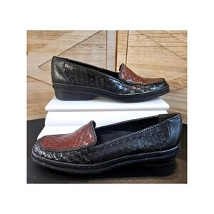 Trotters Basket Weave Loafers Wmn 8.5 Black Brown Hope SlipOn Leather Shoes #700